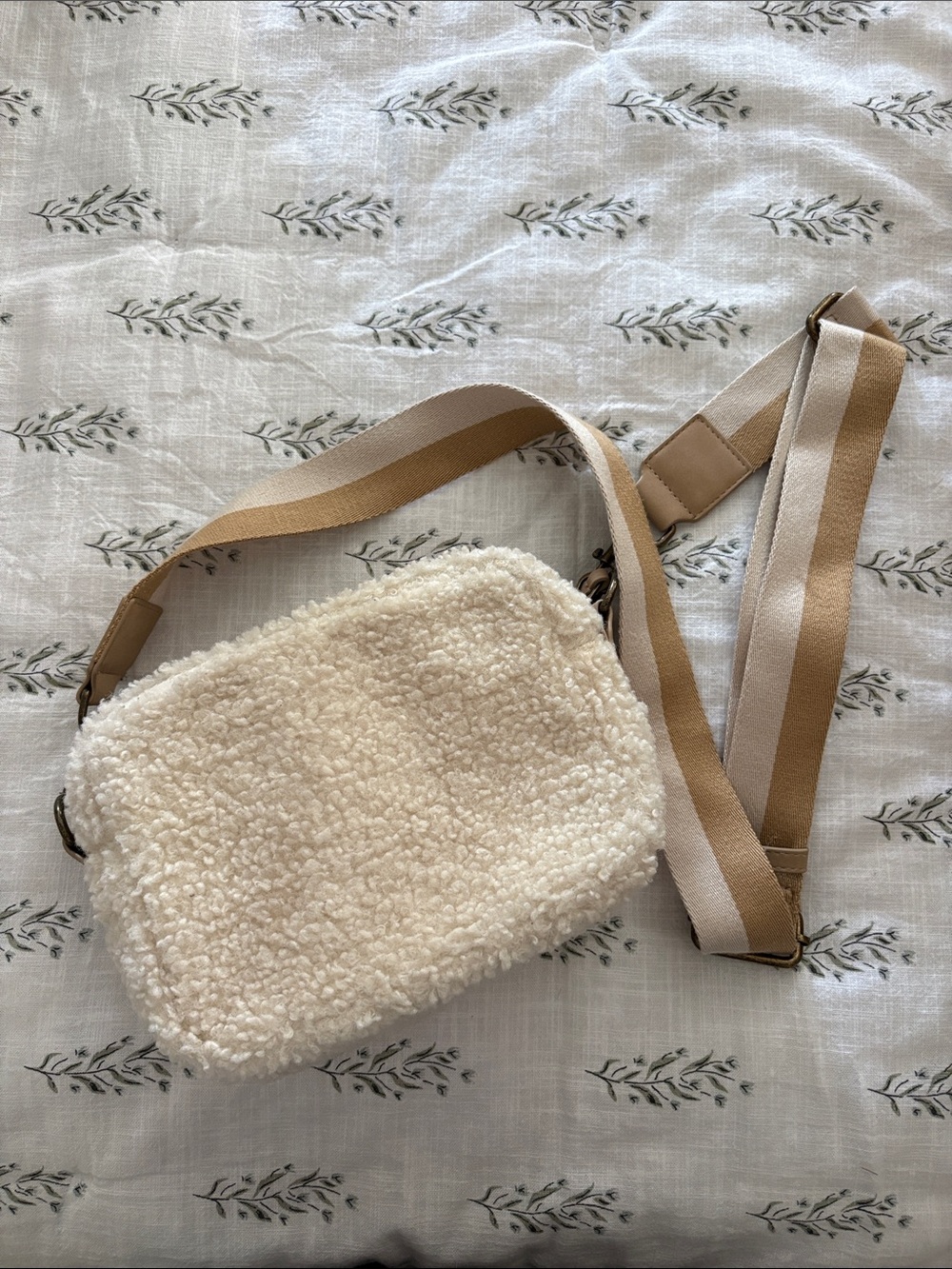 Universal Thread Cream Sherpa Crossbody with Striped Tan Strap